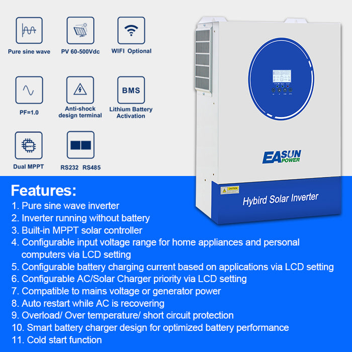 EASUN 8500W Off Grid inverter 140A MPPT Charger NO Support Parallel BMS with WIFI